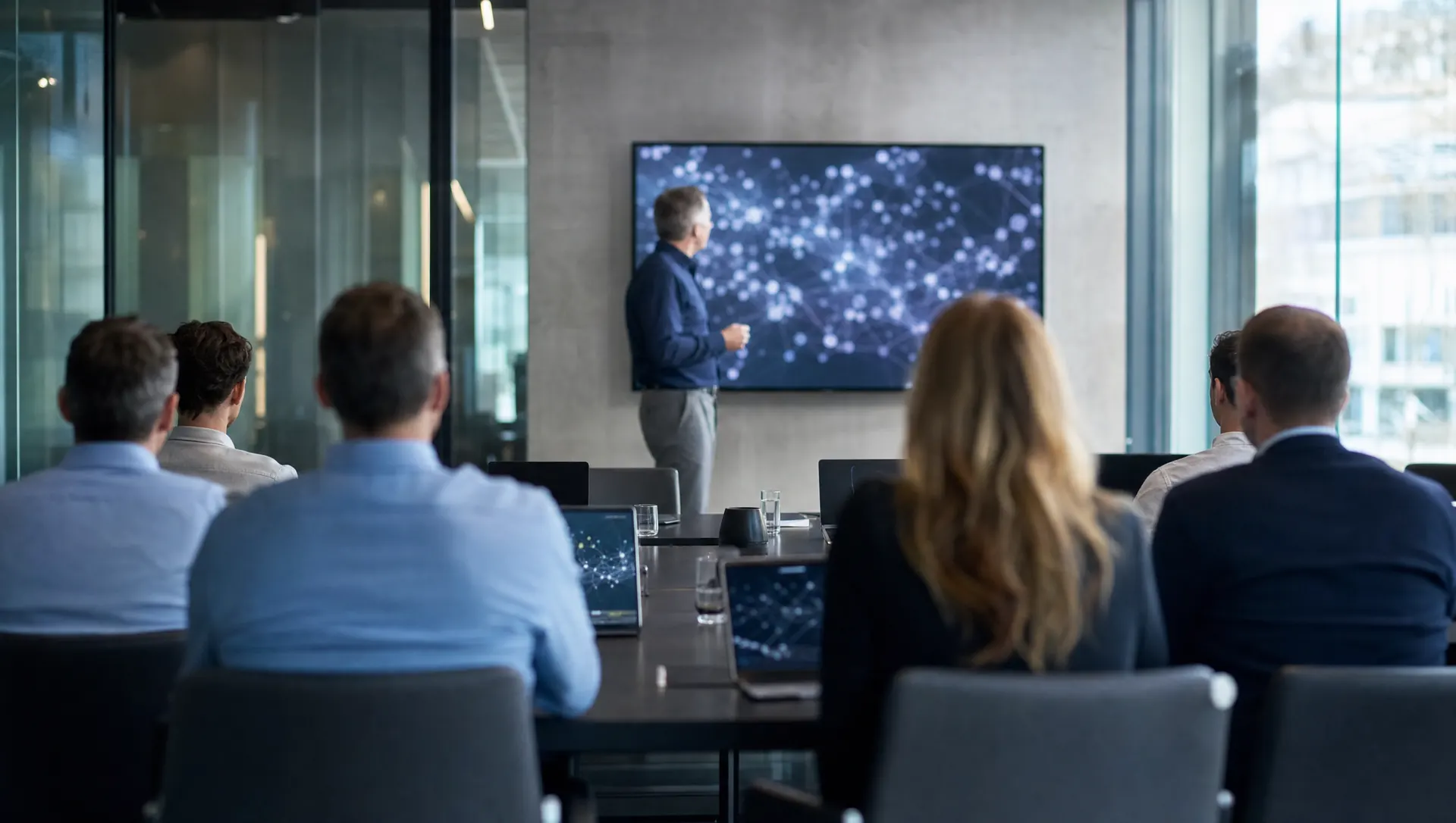 Sesión de formación en inteligencia artificial en una sala de reuniones acristalada: varios participantes, vistos de espaldas, siguen a un formador ante una pantalla.