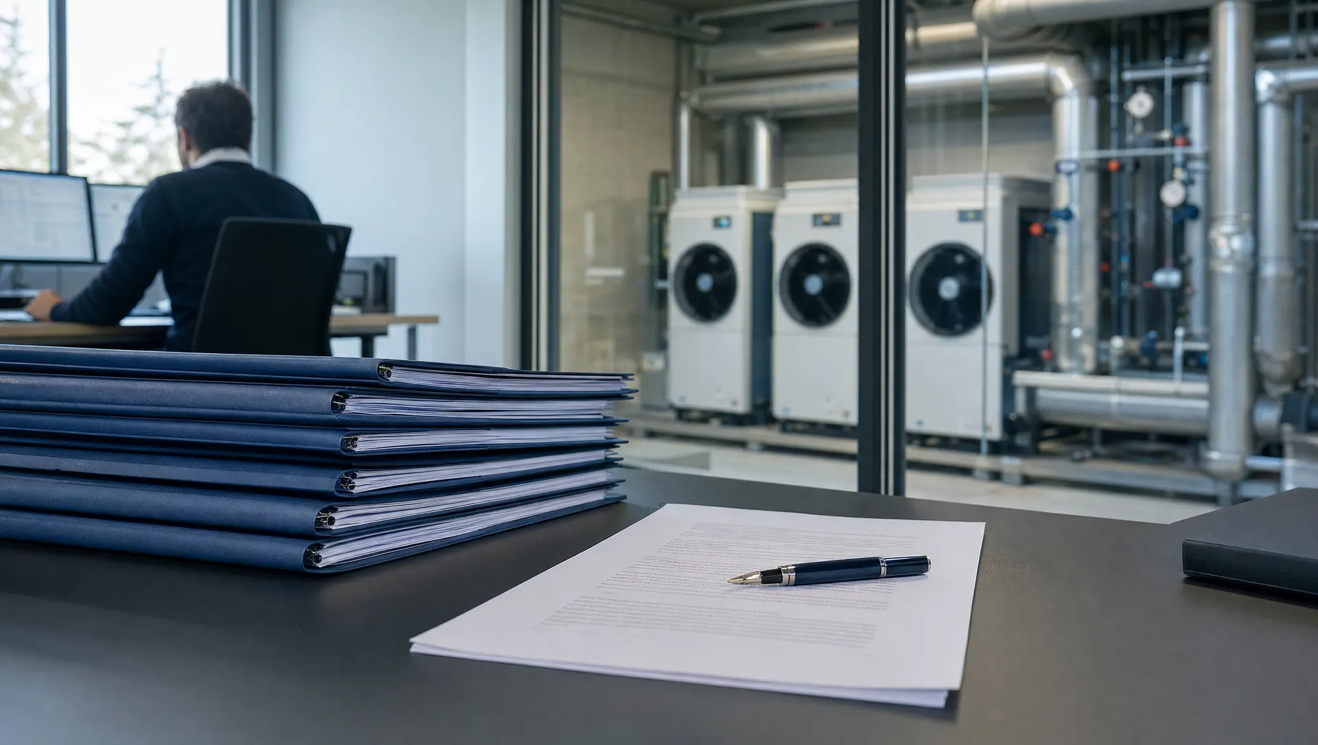 Bureau d'études : une pile de dossiers d'opérations d'économies d'énergie et un projet d'arrêté imprimé, devant une chaufferie équipée de pompes à chaleur visible derrière une cloison vitrée.