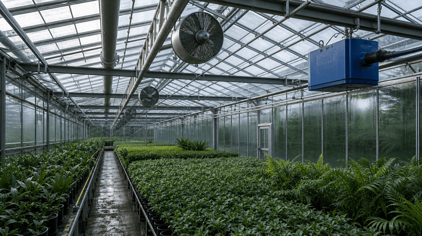 Intérieur d'une serre horticole en verre : rangées de plantes en pots, brasseurs d'air suspendus à la charpente et un aérotherme bleu en hauteur.