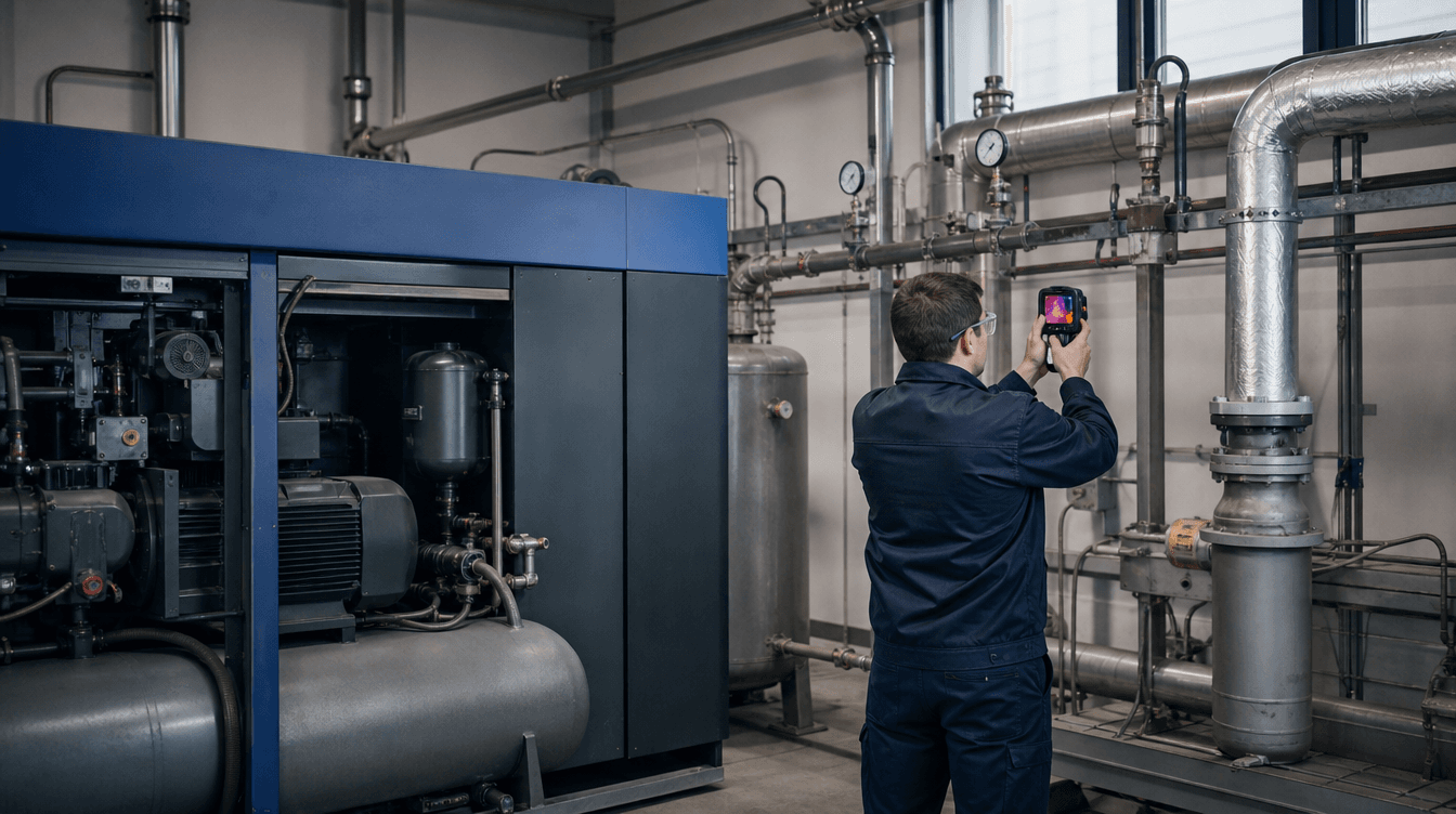 Local technique d'un site industriel : compresseur d'air, réseau de tuyauteries calorifugées et manomètres. Un technicien, vu de dos, pointe une caméra thermique vers une jonction de tuyauterie.