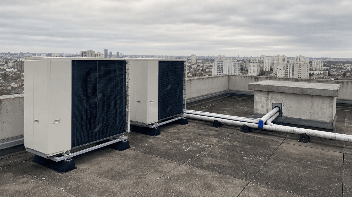 Toiture-terrasse d'un immeuble collectif : deux unités extérieures de pompe à chaleur sur plots, tuyauteries calorifugées rejoignant une trémie, immeubles à l'horizon.