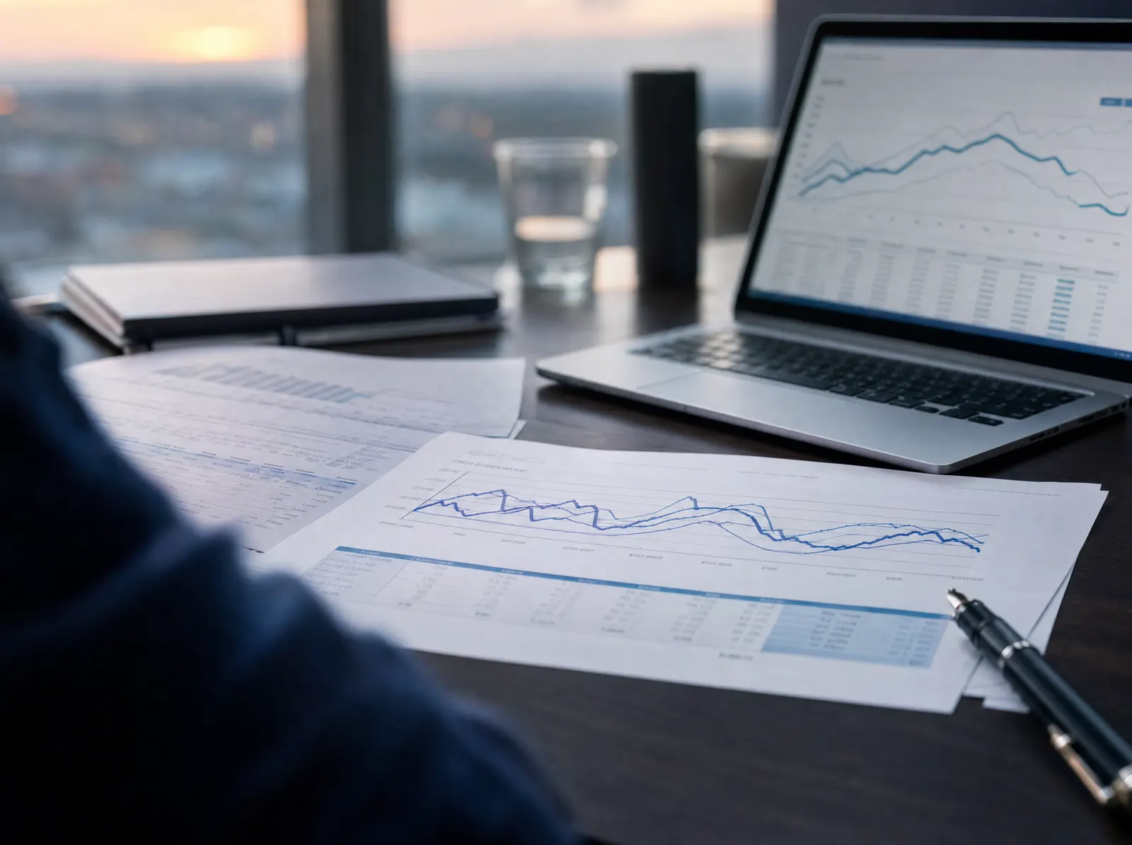 Analyse d'achat d'énergie sur un bureau : courbes de charge imprimées, comparatif de tarifs et ordinateur portable.