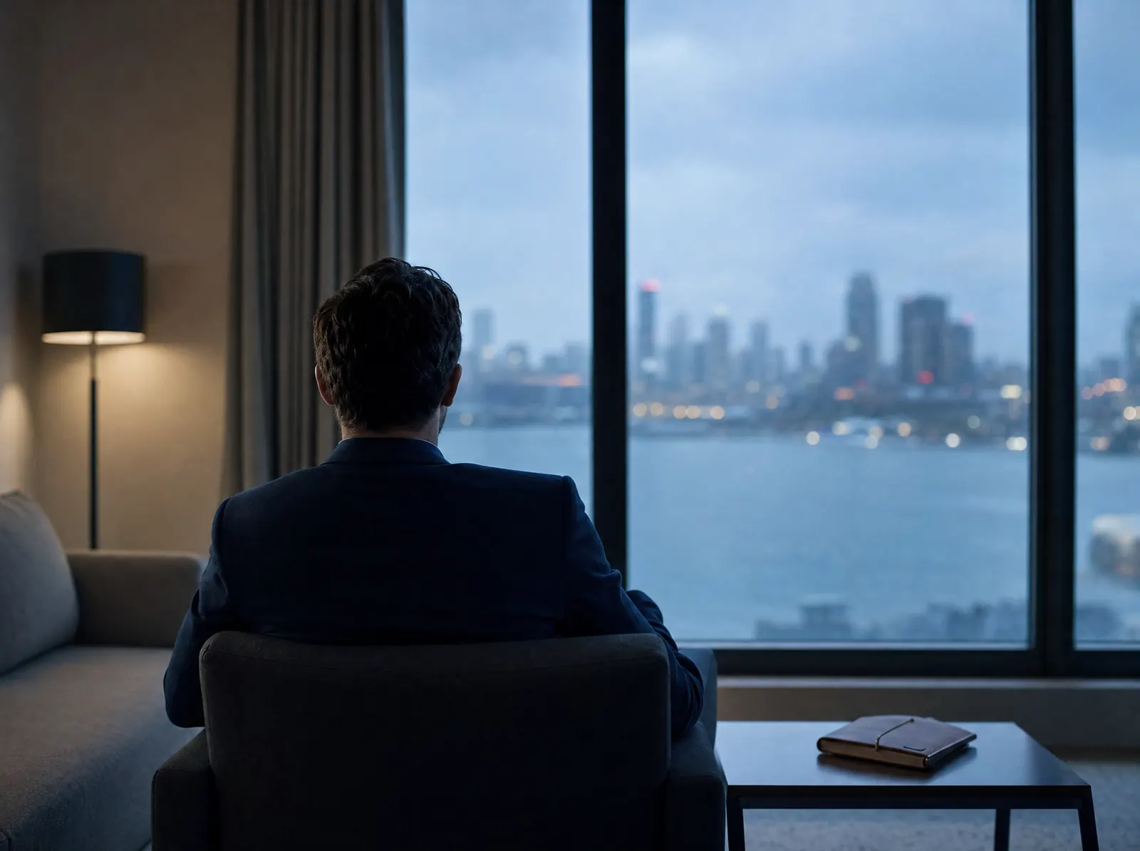 Une personne en veste bleu marine, vue de dos, réfléchit face à une baie vitrée dans un espace de conseil calme.