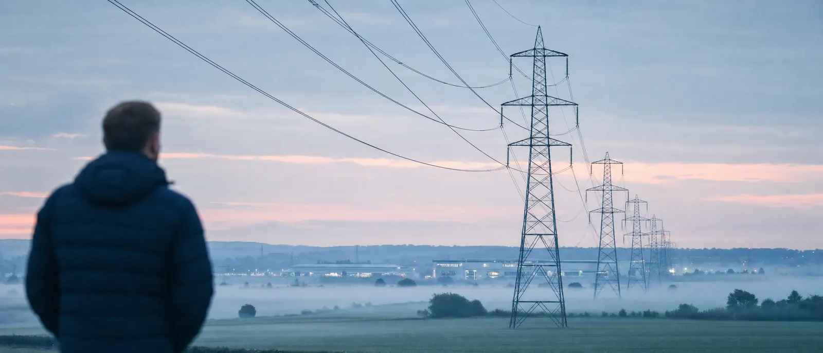 Lignes à haute tension traversant une campagne paisible à l'aube, avec un site industriel dans la brume au loin.