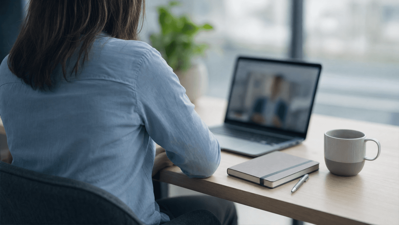 Une personne assise de dos à un bureau clair, devant un ordinateur portable ouvert sur un appel vidéo ; un carnet fermé, un stylo et une tasse à côté.