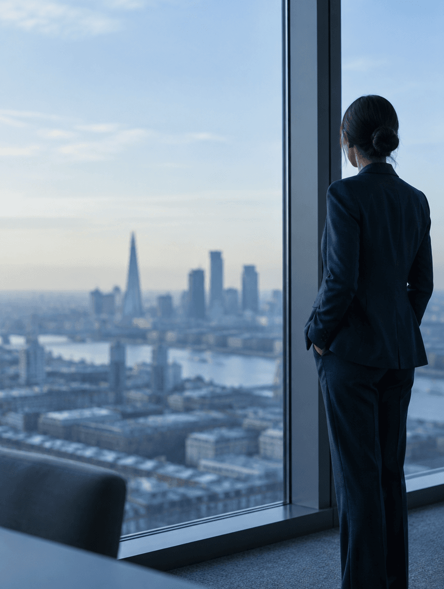Une femme en tailleur sombre, debout de dos devant la baie vitrée d'un étage élevé, regarde la ville et le fleuve au loin.