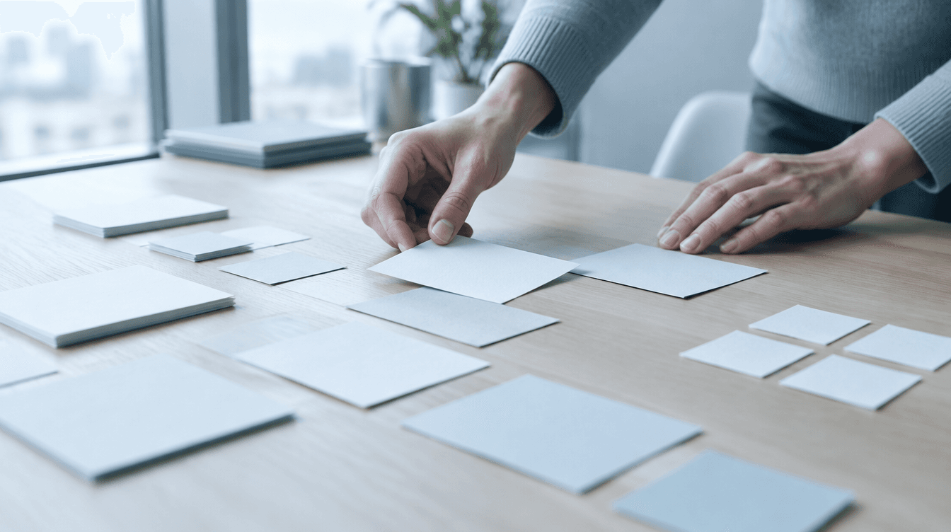 Des mains disposent une à une des fiches de papier blanc sur une table de bois clair, près d'une fenêtre.