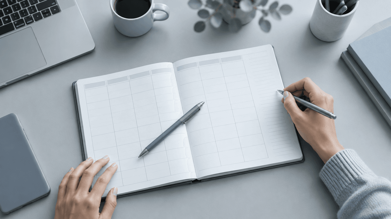 Vue de dessus d'un agenda hebdomadaire ouvert : une main tient un stylo au-dessus d'une semaine vierge, un ordinateur portable et une tasse autour.
