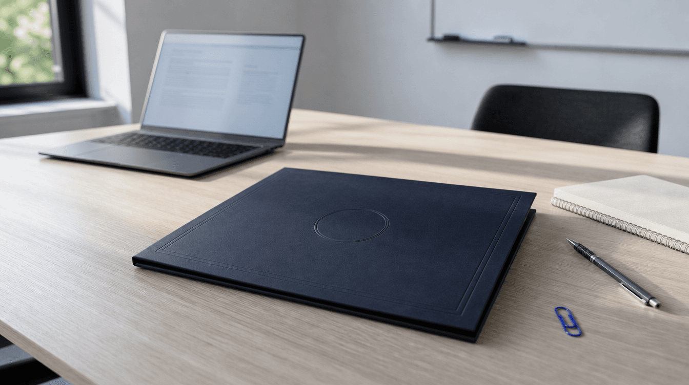 Salle de formation claire : un ordinateur portable ouvert, une chemise cartonnée bleu nuit fermée posée sur une table en bois clair, un carnet à spirale et un stylo. Un tableau blanc vierge en arrière-plan.