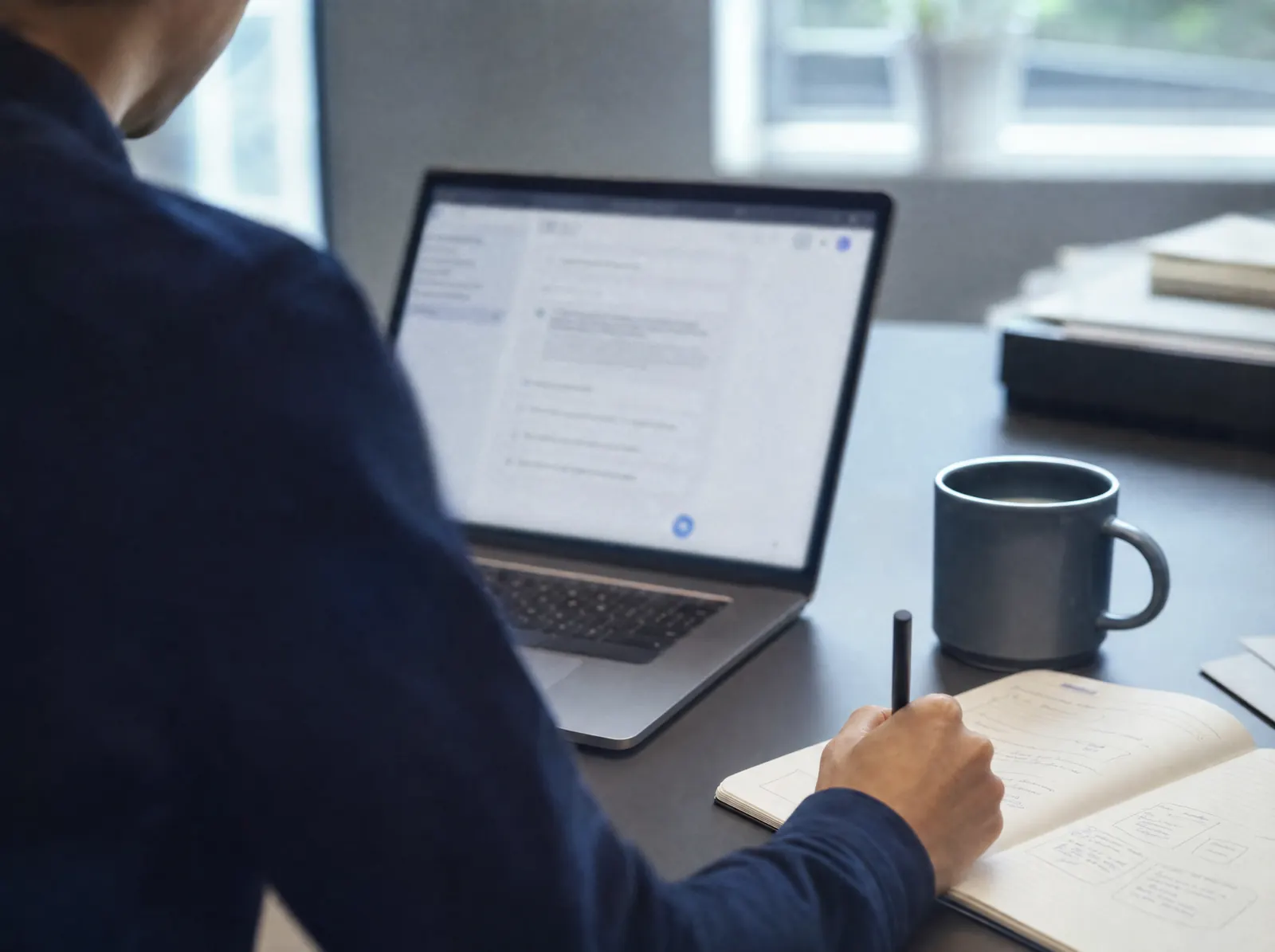 Une professionnelle rédige un rapport avec un assistant d'IA sur son ordinateur portable, un carnet de notes et une tasse à côté.
