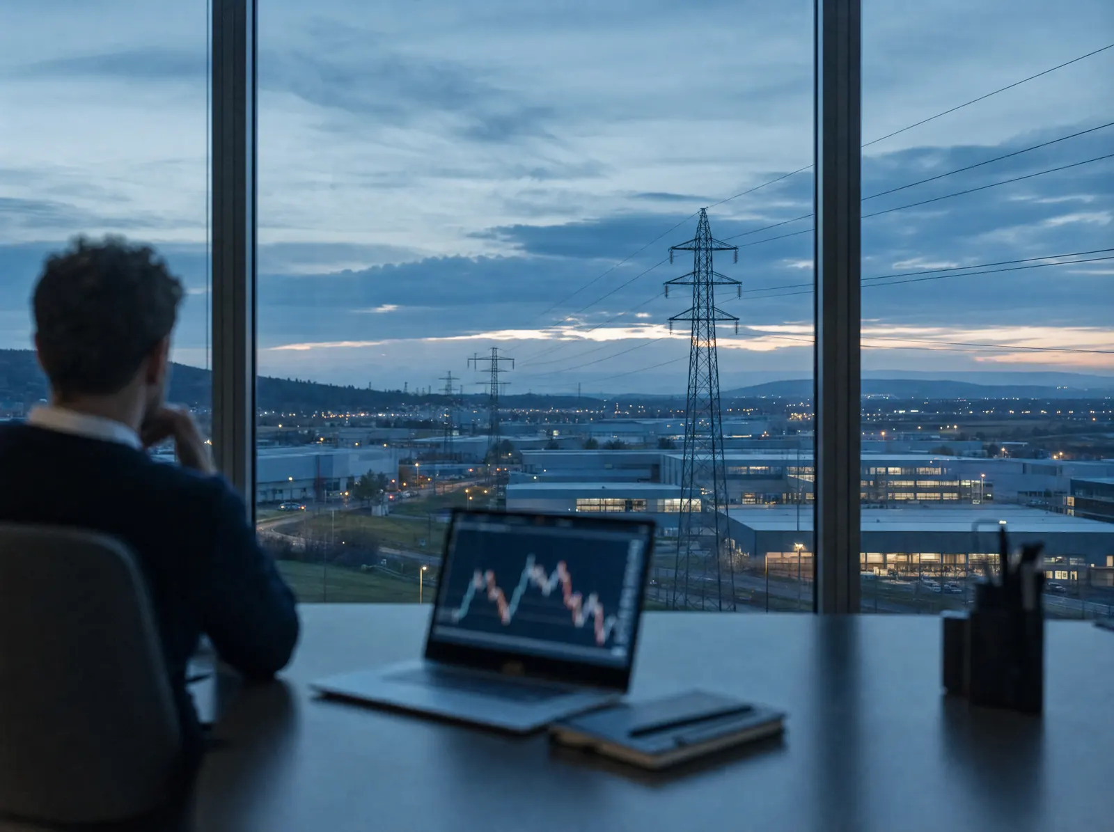 Bureau vitré à l'heure bleue, face à des lignes à haute tension et à une zone industrielle ; sur la table, un ordinateur portable affiche des courbes de prix de l'énergie.