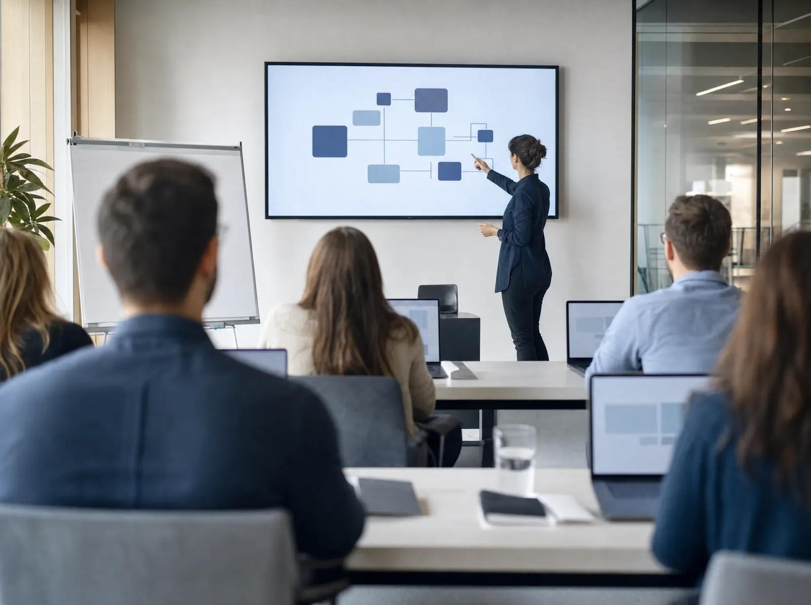 Salle de formation lumineuse : une formatrice présente un schéma d'automatisation sur un grand écran, face à des participants équipés d'ordinateurs portables.
