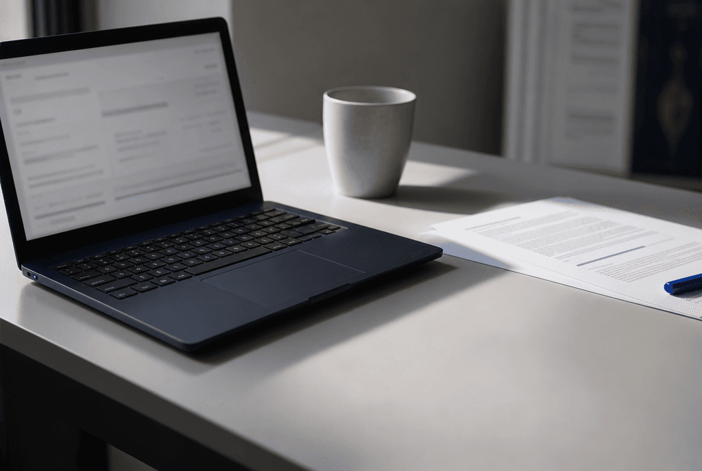 Plan de travail de pré-étude : un ordinateur portable ouvert sur un tableau de calcul, à côté d'un document imprimé et d'un stylo.